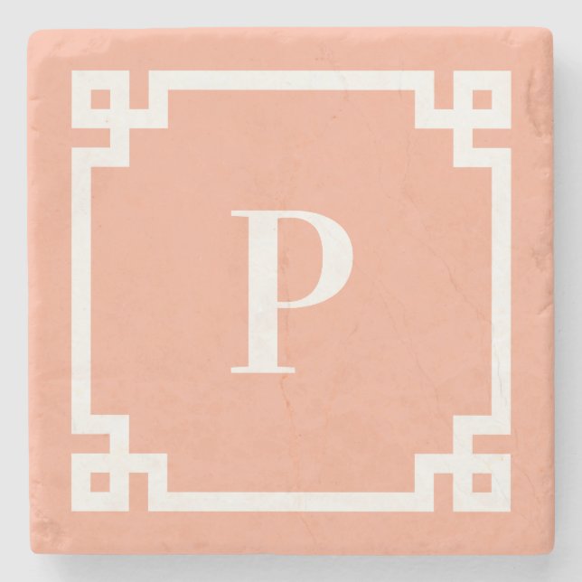 Peach and White Greek Key Border Monogram Stone Coaster (Front)