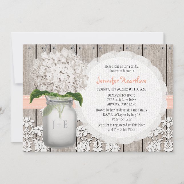 Peach and White Hydrangea Mason Jar Bridal Shower Invitation (Front)