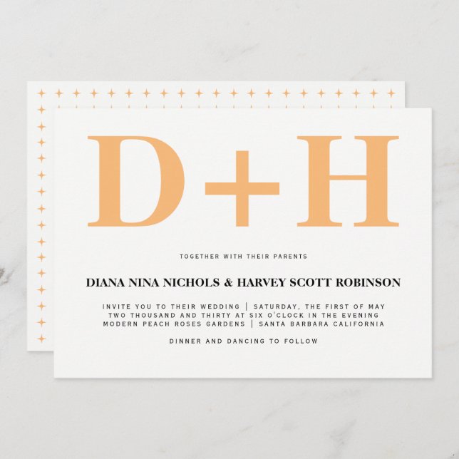 Peach and white initials bold typography wedding invitation (Front/Back)