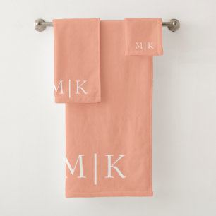 Peach and White Modern Monogram Bath Towel Set