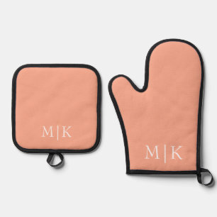 Peach and White Modern Monogram Oven Mitt & Pot Holder Set