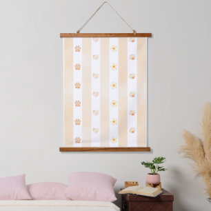 Peach and White Stripe - Hearts, Flower, Paw Print Hanging Tapestry