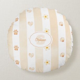 Peach and White Stripe - Hearts, Flower, Paw Print Round Cushion