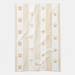 Peach and White Stripe - Hearts, Flower, Paw Print Tea Towel