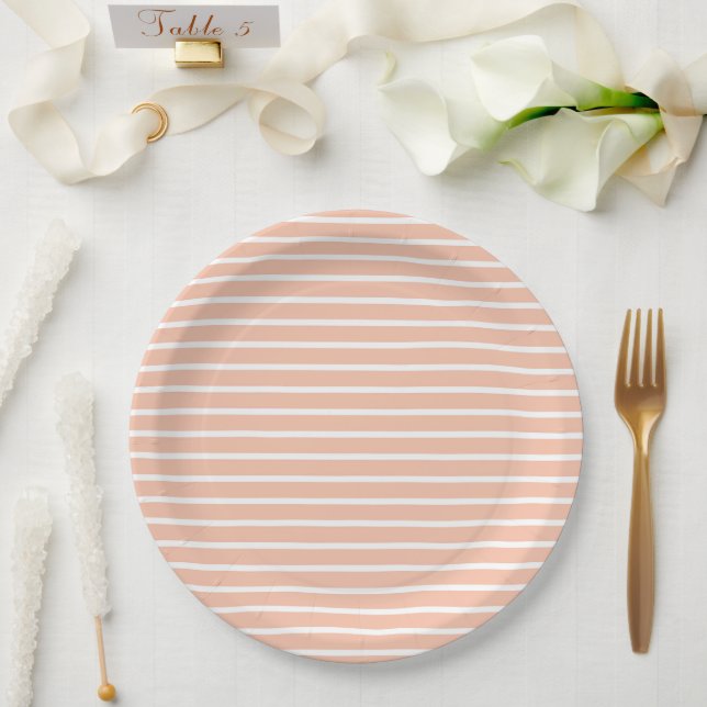 Peach and White Stripes Paper Plate (Wedding)