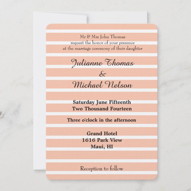 Peach and White Stripes Wedding Invitation (Front)