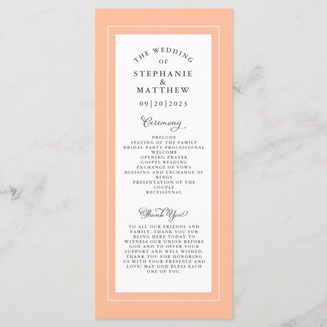 Peach and White Wedding Service Ceremony Elegant Program (Front)