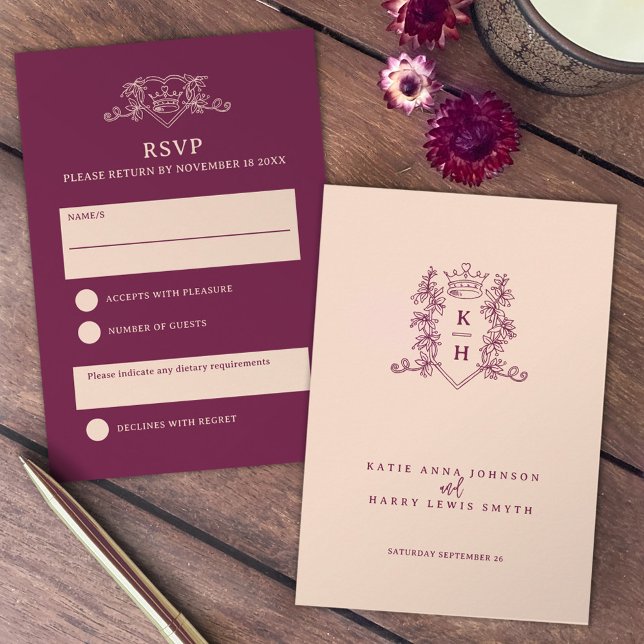 Peach and wine red crown wedding Response Card (Creator Uploaded)
