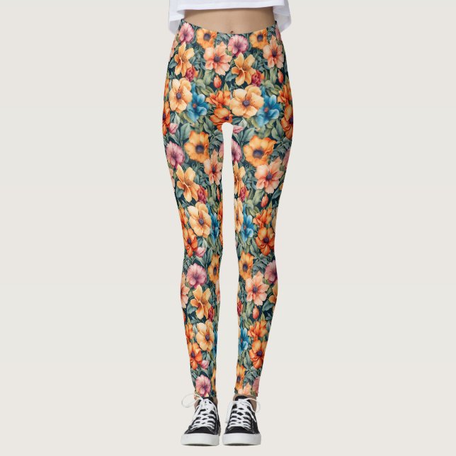 Peach Apricot and Mauve Floral Leggings (Front)