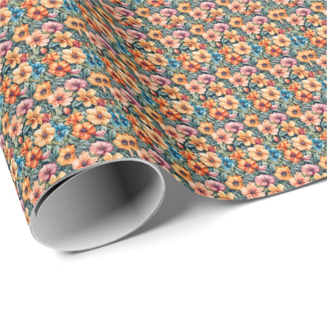 Peach Apricot and Mauve Floral Wrapping Paper (Roll Corner)