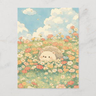 Peach Apricot Meadow Kawaii Hedgehog Postcard