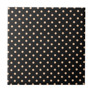Peach Apricot Polka Dots on a Black Background Ceramic Tile