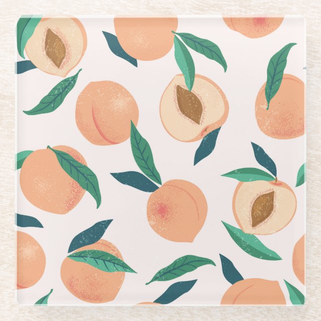 Peach Apricot: Tropical Seamless Pattern. Glass Coaster (Front)