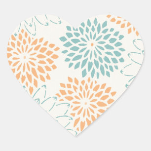 Peach Aqua Floral Blossoms Heart Sticker