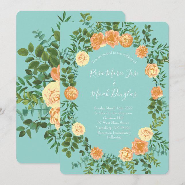 Peach & Aqua Peony & Rose Floral Wedding Invitation (Front/Back)
