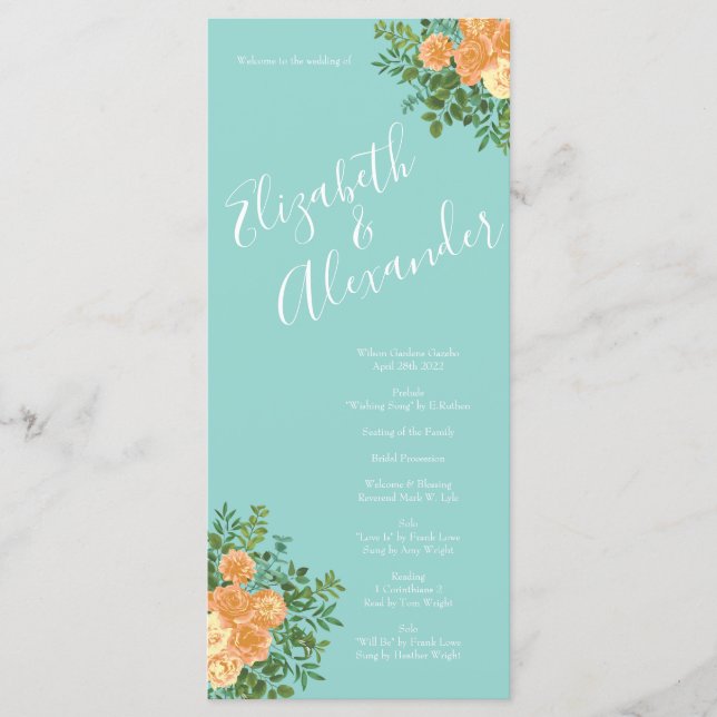Peach & Aqua Peony & Rose Floral Wedding Programs (Front)