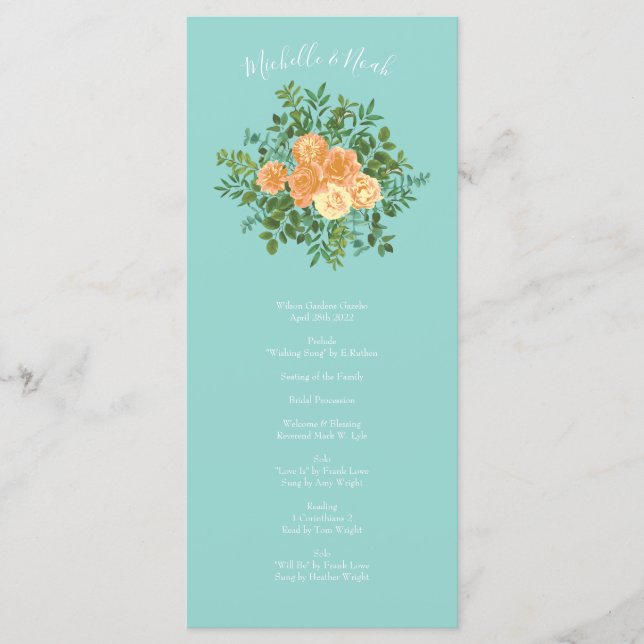 Peach & Aqua Peony & Rose Floral Wedding Programs (Front)