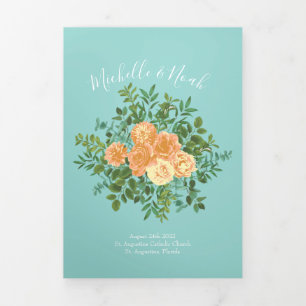 Peach & Aqua Peony & Rose Floral Wedding Programs Tri-Fold Programme