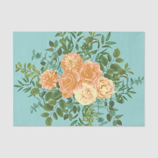Peach & Aqua Peony & Rose Floral Wedding Tissue Paper (Front)