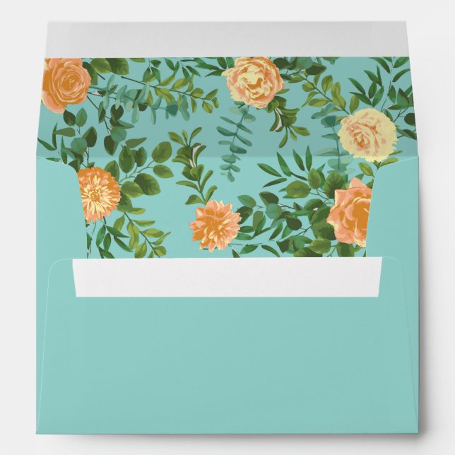 Peach Aqua Teal Wedding Roses Floral Envelope (Back (Bottom))