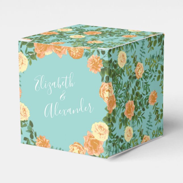 Peach Aqua Teal Wedding Roses Floral Favour Box (Front Side)