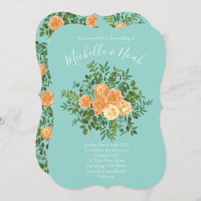 Peach Aqua Teal Wedding Roses Floral Invitation (Front/Back)