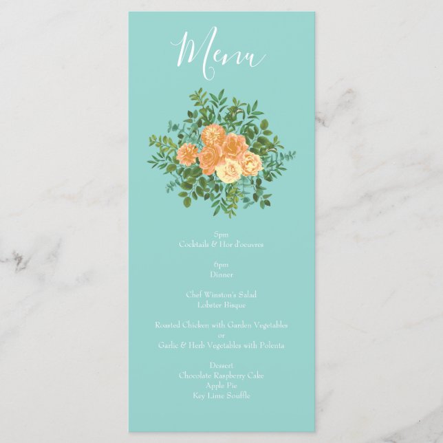 Peach Aqua Teal Wedding Roses Floral Menu (Front)