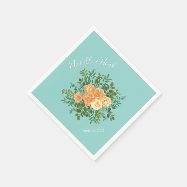 Peach Aqua Teal Wedding Roses Floral Napkin (Corner)