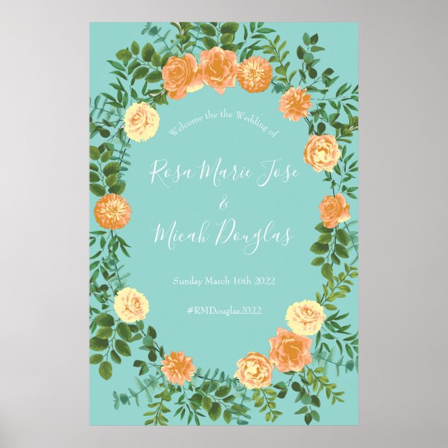 Peach Aqua Teal Wedding Roses Floral Poster (Front)