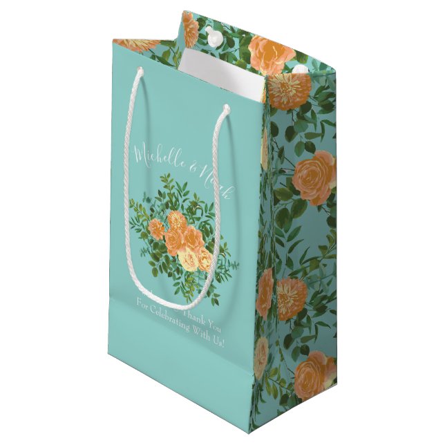 Peach Aqua Teal Wedding Roses Floral Small Gift Bag (Front Angled)