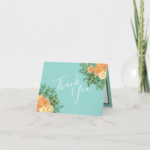 Peach Aqua Teal Wedding Roses Floral Thank You Card