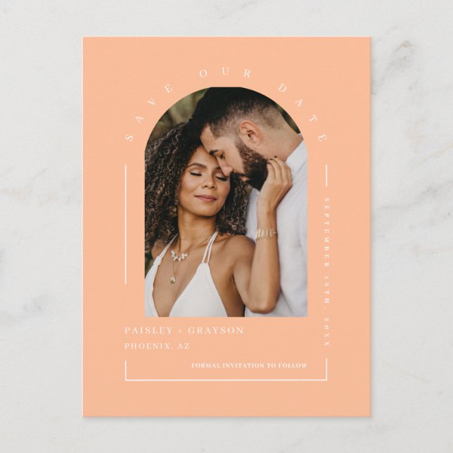 Peach Arch Photo QR Code Save Our Date Postcard (Front)