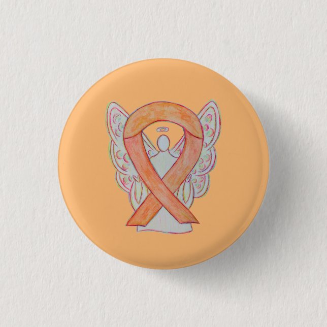 Peach Awareness Ribbon Angel Custom Art Pin Button (Front)
