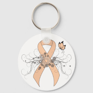 Peach Awareness Ribbon with Butterfly Key Ring