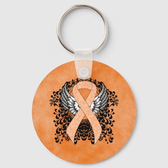 Peach Awareness Ribbon with Wings Key Ring (Front)