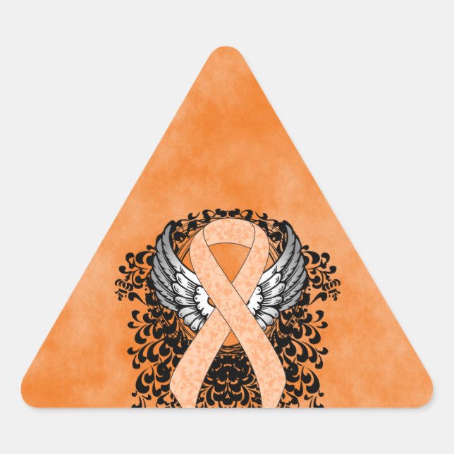 Peach Awareness Ribbon with Wings Triangle Sticker (Front)