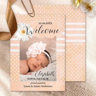Peach Baby Girl Photo Birth Announcement Card