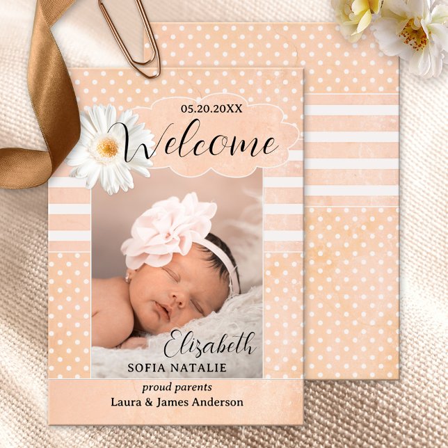 Peach Baby Girl Photo Birth Announcement Card (Baby girl birth announcement card with a photo of your own baby framed by a peach and white design)