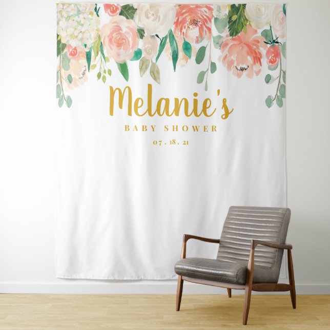 Peach Baby Shower Backdrop, Photo Booth Prop Tapestry (In Situ)