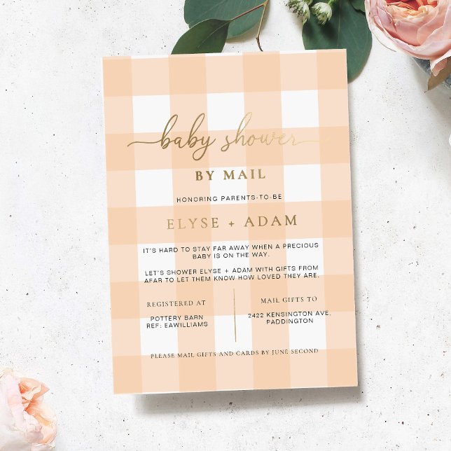 Peach Baby Shower By Mail Foil Invitation (Baby Shower By Mail Peach Gingham)