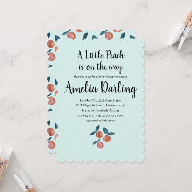 Peach Baby Shower Scallop Edge Invitation (Front/Back In Situ)