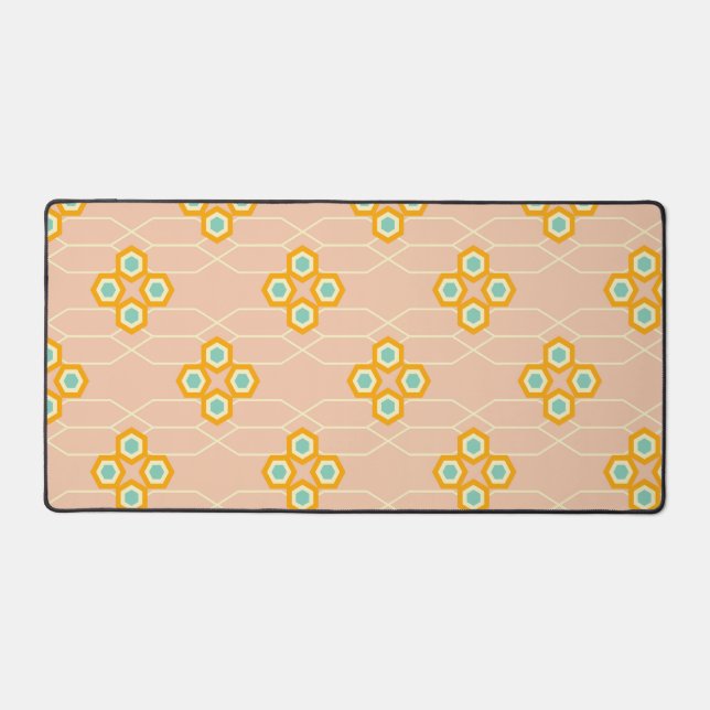 Peach background hexagonal floral pattern  desk mat (Front)