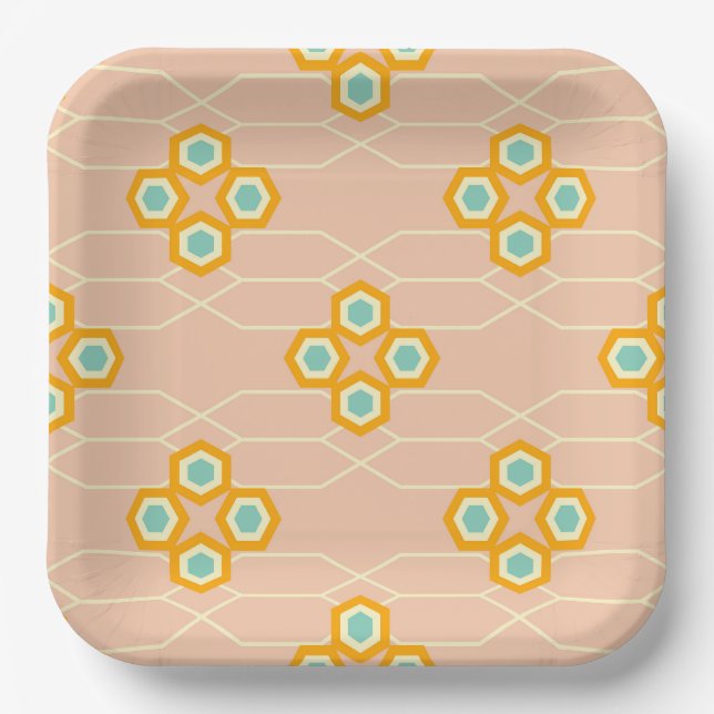 Peach background hexagonal floral pattern  paper plate (Front)