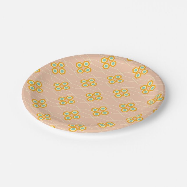 Peach background hexagonal floral pattern  paper plate (Angled)