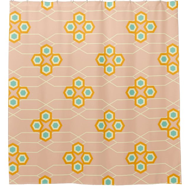 Peach background hexagonal floral pattern  shower curtain (Front)