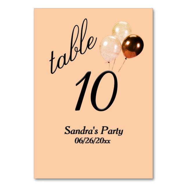Peach Balloons Custom Text Table Number (Front)