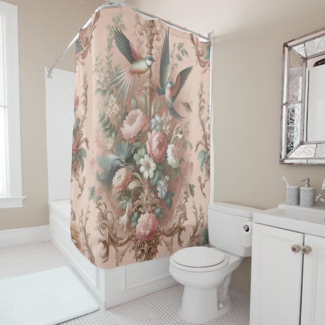 Peach Baroque Rococo Floral  Shower Curtain (In Situ)