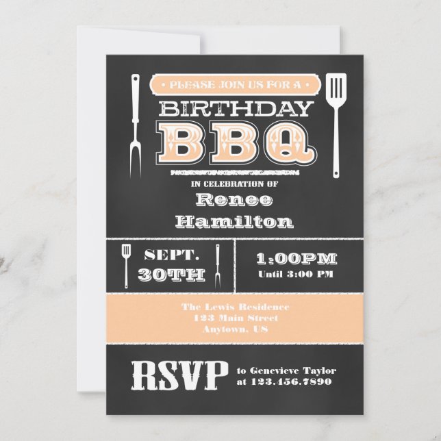 Peach BBQ Birthday Chalkboard Invitation (Front)