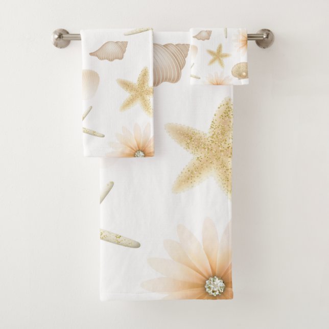 Peach Beach Seashells & Flowers Modern Glam  Bath Towel Set (Insitu)