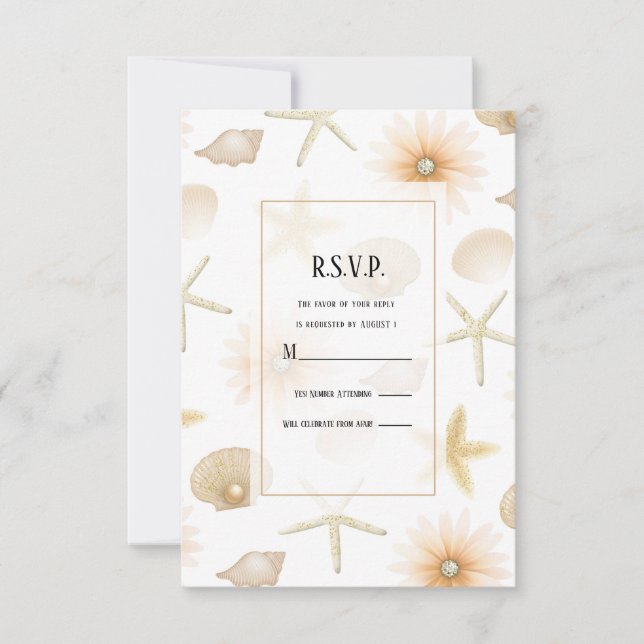 Peach Beach Seashells Flowers Modern Wedding RSVP Invitation (Front)